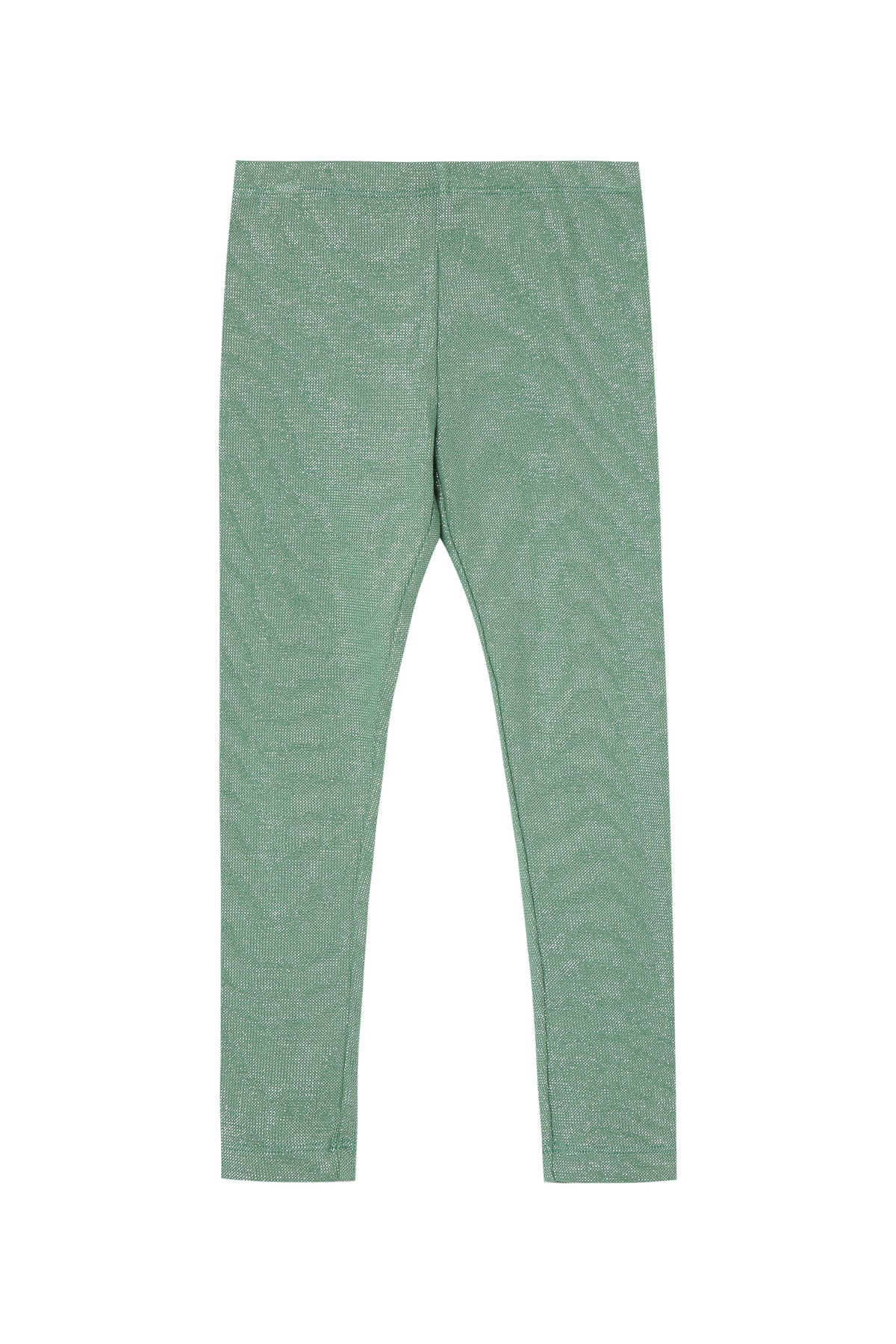 Front view of green metallic leggings 