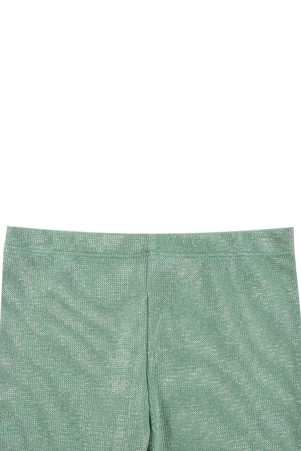 Close up view of green metallic leggings 