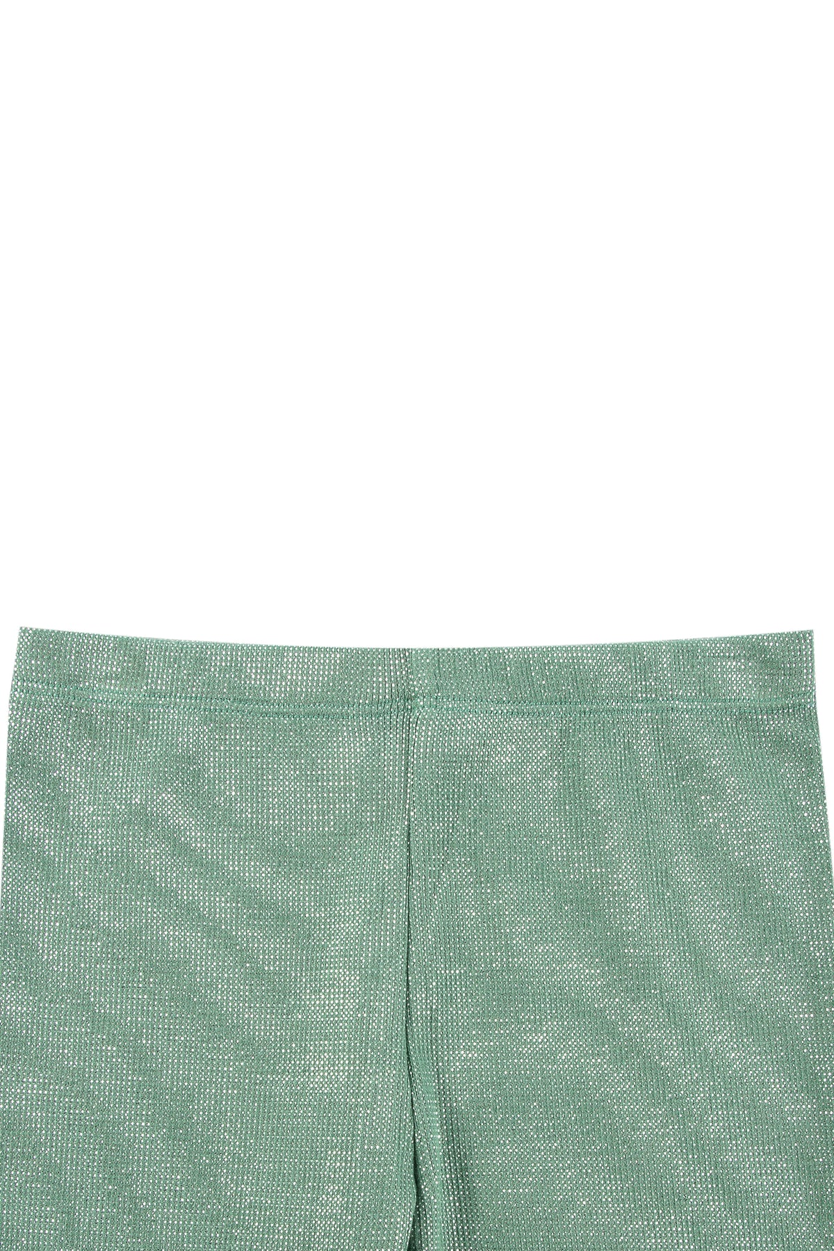 Close up view of green metallic leggings 
