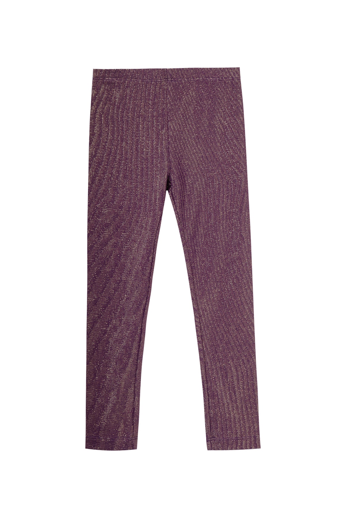 Front view of purple metallic leggings 