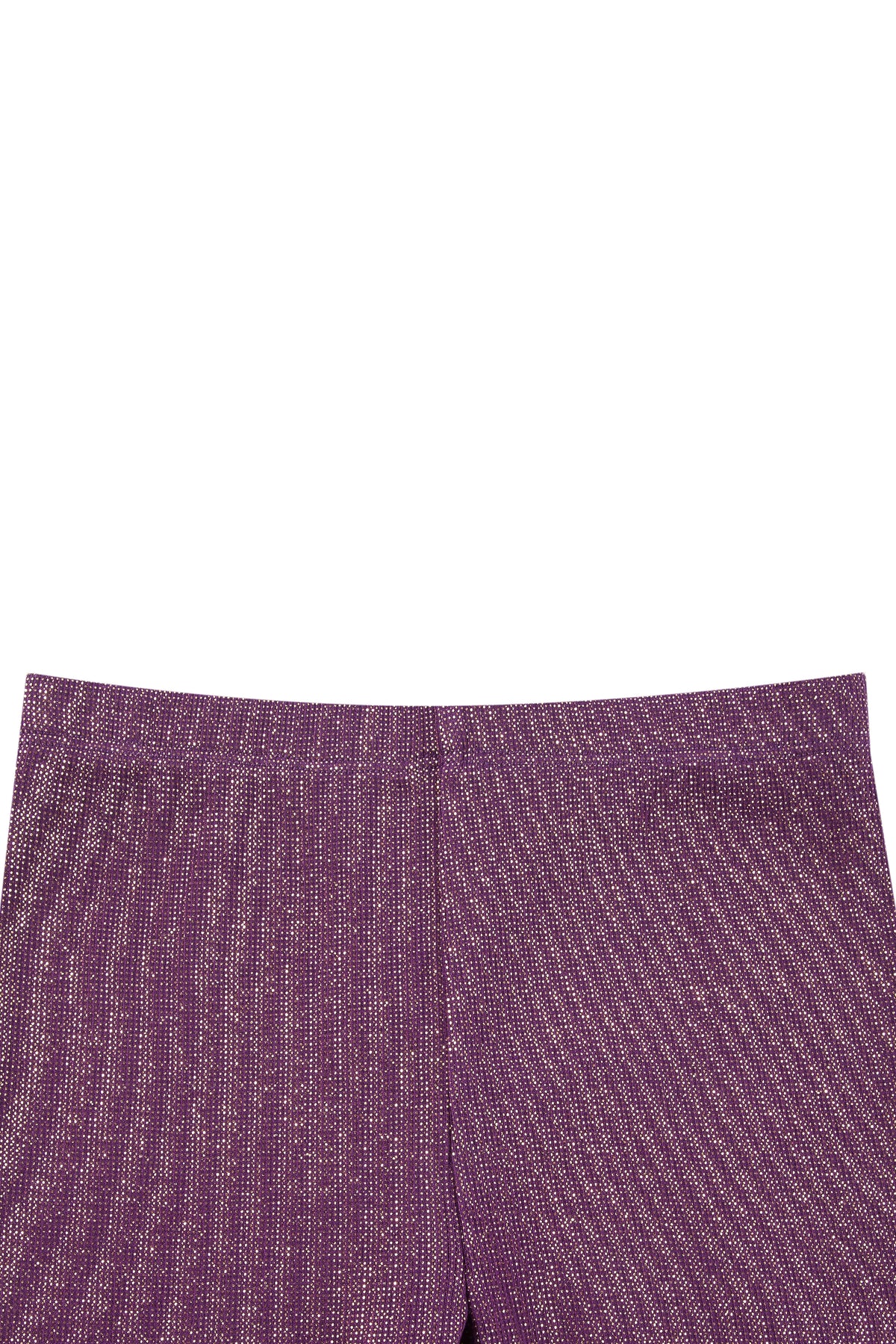 Close up view of purple metallic leggings 